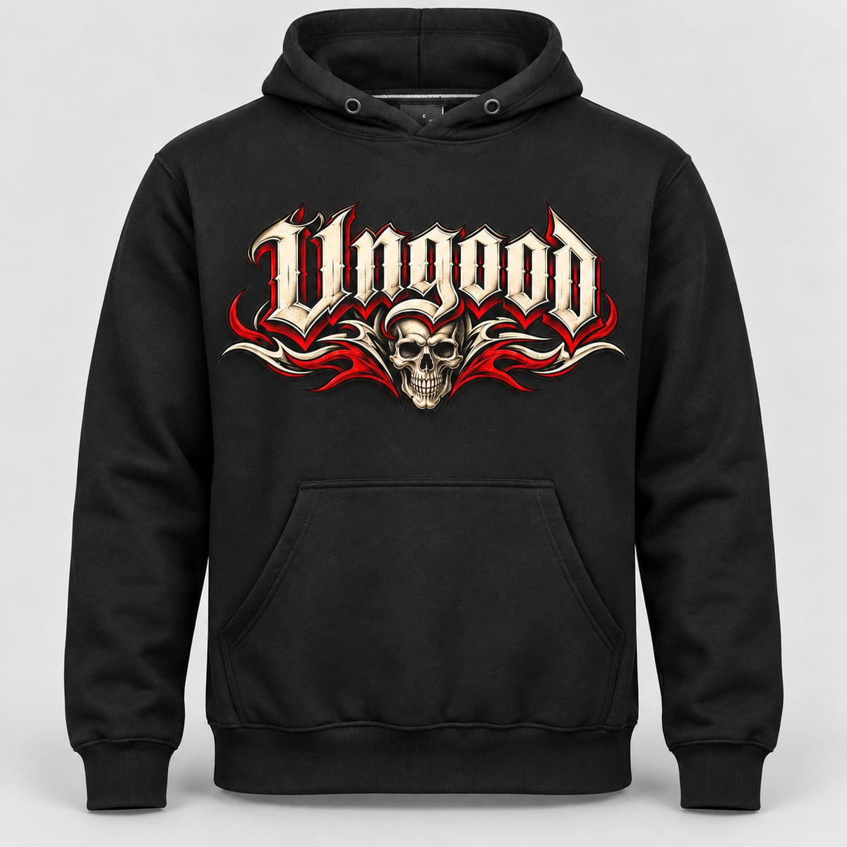 Skull Hoodie schwarz von vorne – Ungood Fraktur-Schriftzug mit Schädel und roten Tribal-Flammen als Frontprint