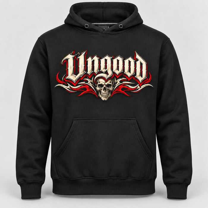 Skull Hoodie schwarz von vorne – Ungood Fraktur-Schriftzug mit Schädel und roten Tribal-Flammen als Frontprint