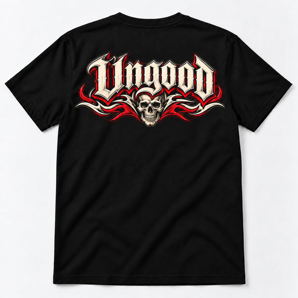 Skull Tee schwarz von hinten – Ungood Fraktur-Schriftzug mit Schädel und roten Tribal-Flammen als Backprint