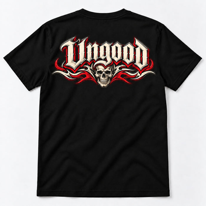 Skull Tee schwarz von hinten – Ungood Fraktur-Schriftzug mit Schädel und roten Tribal-Flammen als Backprint