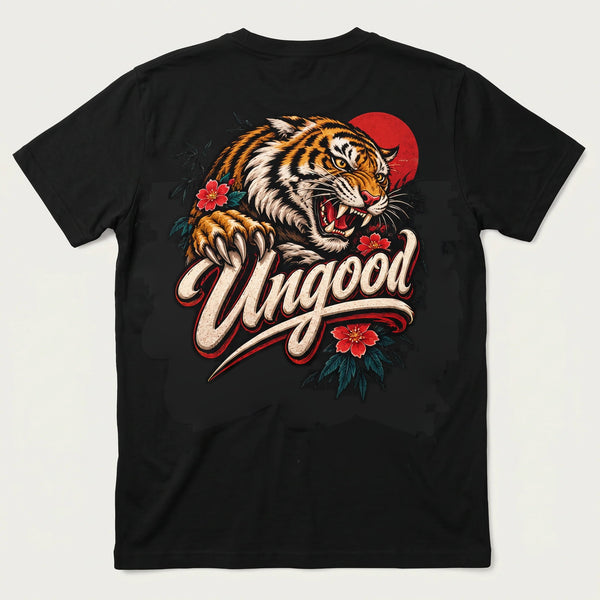 Ungood Tiger Tee – Rückenprint auf schwarzem Shirt